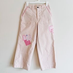 Quilted Patchwork - Hand Embroidered - Pink Size 4 Denim Pants - Relaxed Fit